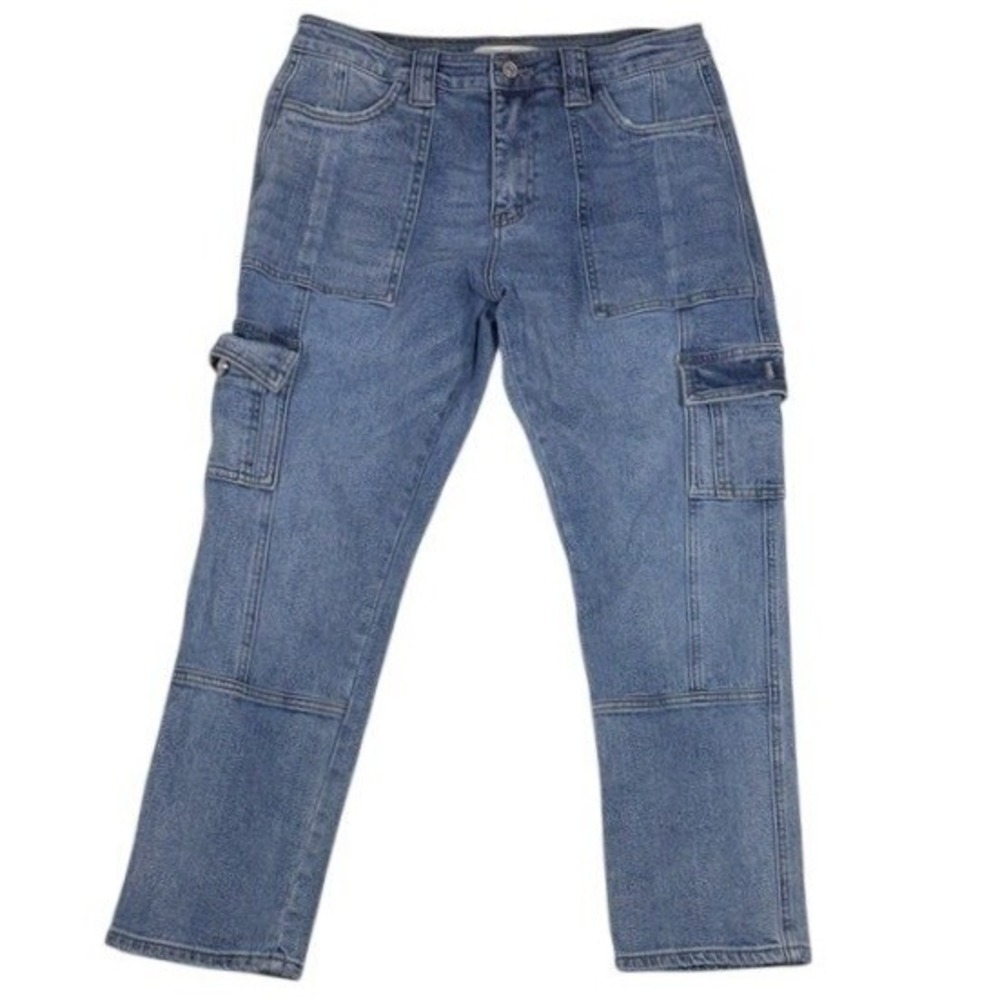 Kancan Women Medium Wash Blue High Rise Cargo Straight Leg Jeans KC7843D Size 28